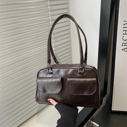 Black Brown PU Leather Tote Bag with Double Pouch Large Capacity Single Shoulder Armpit Bag Vintage Handbag Women for Daily Use