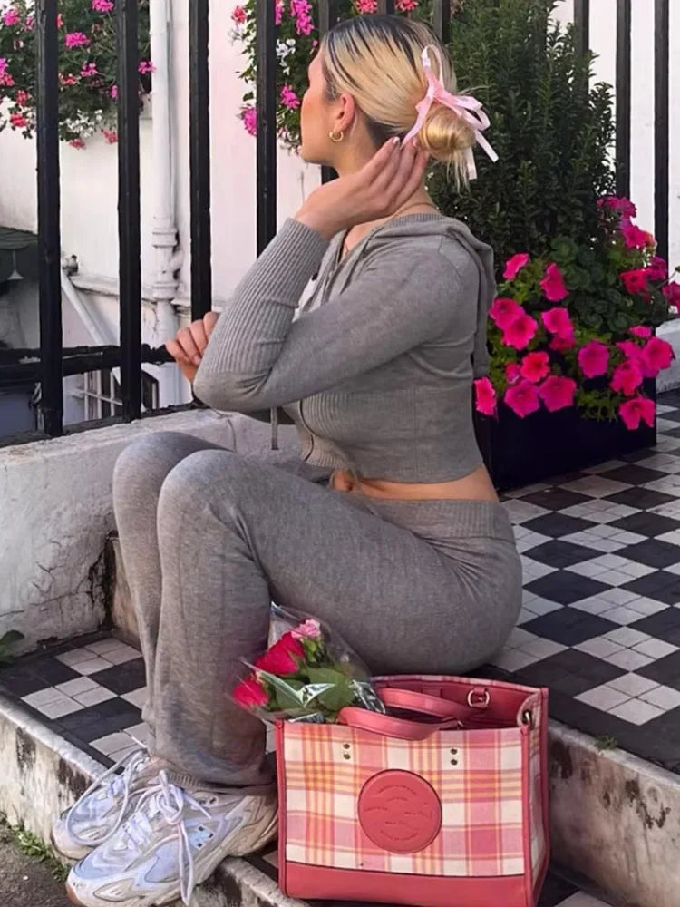 Tossy Knit Fashion 2 Piece-Set Trousers Hoodie Tracksuit Women Crop top Knitwear And Women's Pants Sets Female Trousers Outfits