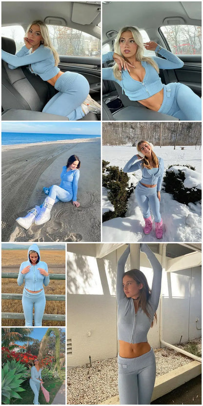 Tossy Knit Fashion 2 Piece-Set Trousers Hoodie Tracksuit Women Crop top Knitwear And Women's Pants Sets Female Trousers Outfits