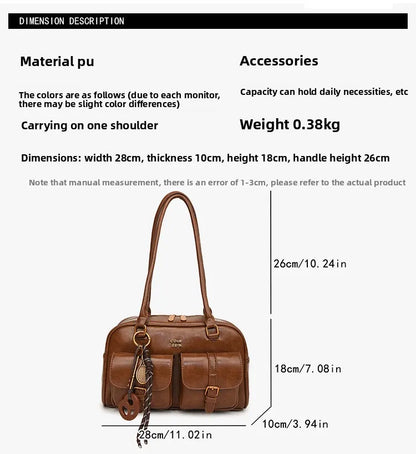 Women's Retro Solid Color Pu Leather Shoulder Bag with Multiple Pockets Large Capacity Comes with A Detachable Accessory Charm