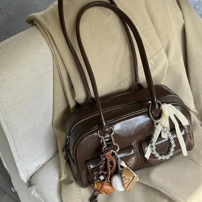 Black Brown PU Leather Tote Bag with Double Pouch Large Capacity Single Shoulder Armpit Bag Vintage Handbag Women for Daily Use